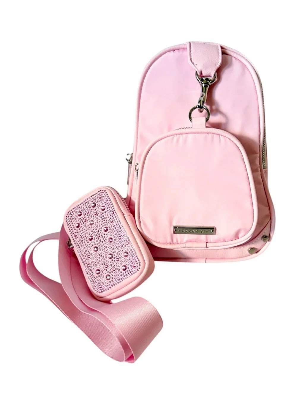 Madden Girl Pink Sling Bag NWT Crossbody Backpack Matching Rhinestone Zip Pouch